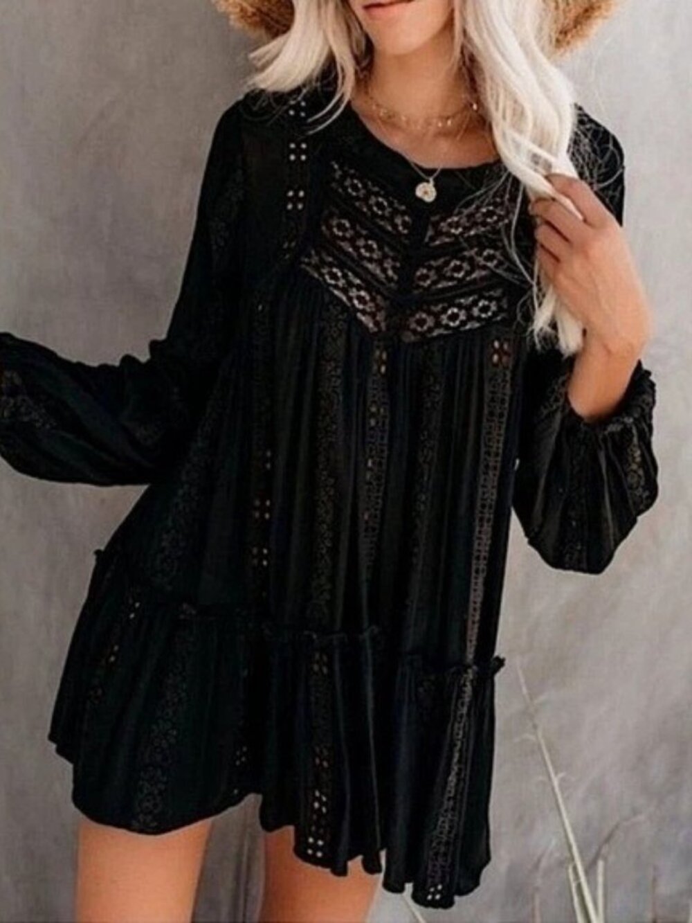 Free People Kiss Kiss Lace Inset Tunic Top Black Boho Goth Long Sleeve Size S